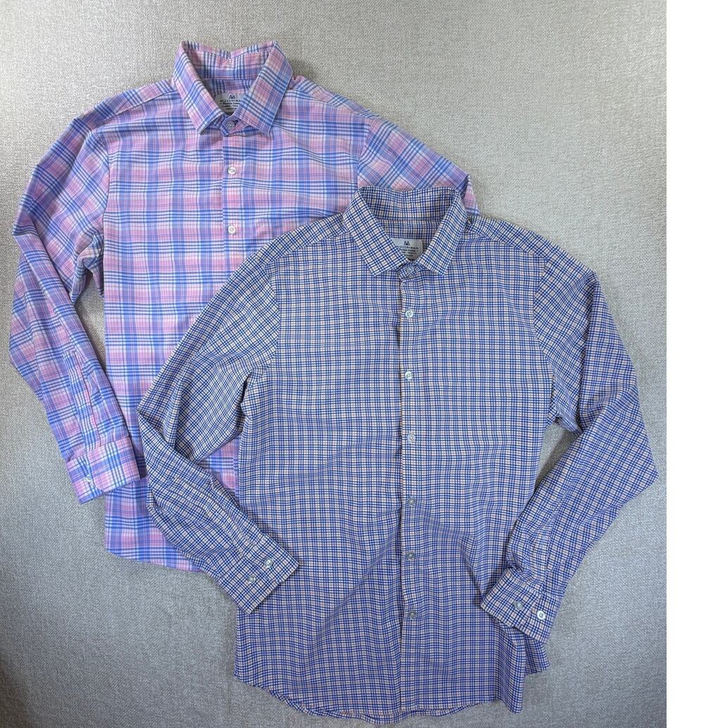 Lot of 2 Mizzen + Main Men XL Blue Plaid Trim Fit Long Slve Casual Button Shirts
